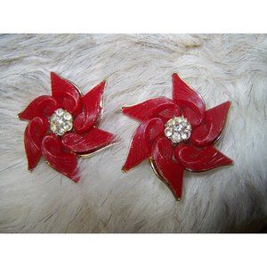 Vintage Earrings Poinsettias Pinwheels Red Rhinestones Clip Christmas